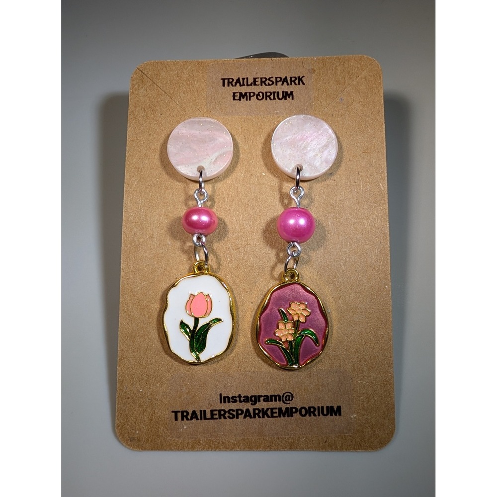 Trailerspark Emporium Mismatched Floral Enamel Drop Earrings Pearl Nickel free